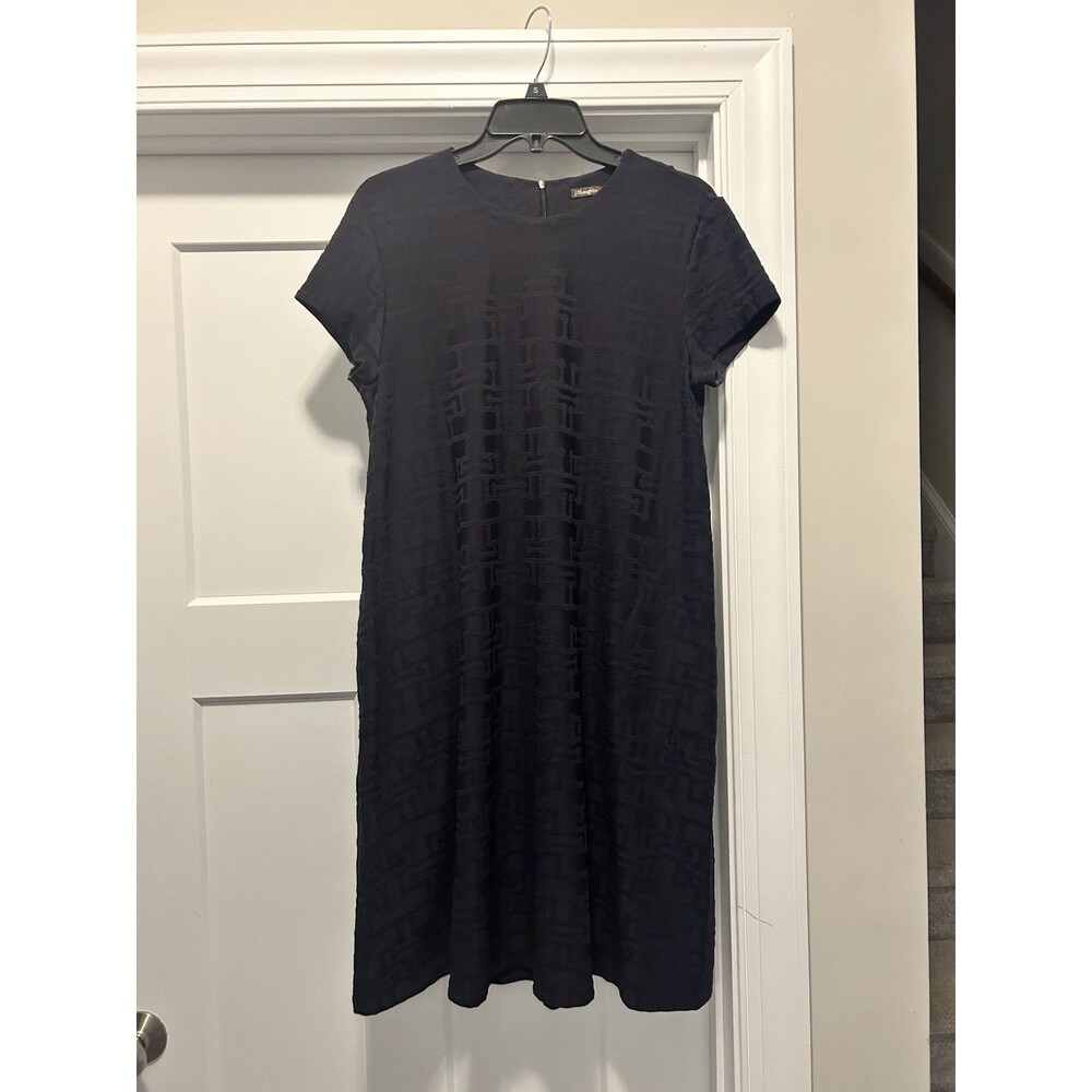 J.McLaughlin Textured Knit Jacquard Crew Neck Cap Sleeve Swing Dress Large Black